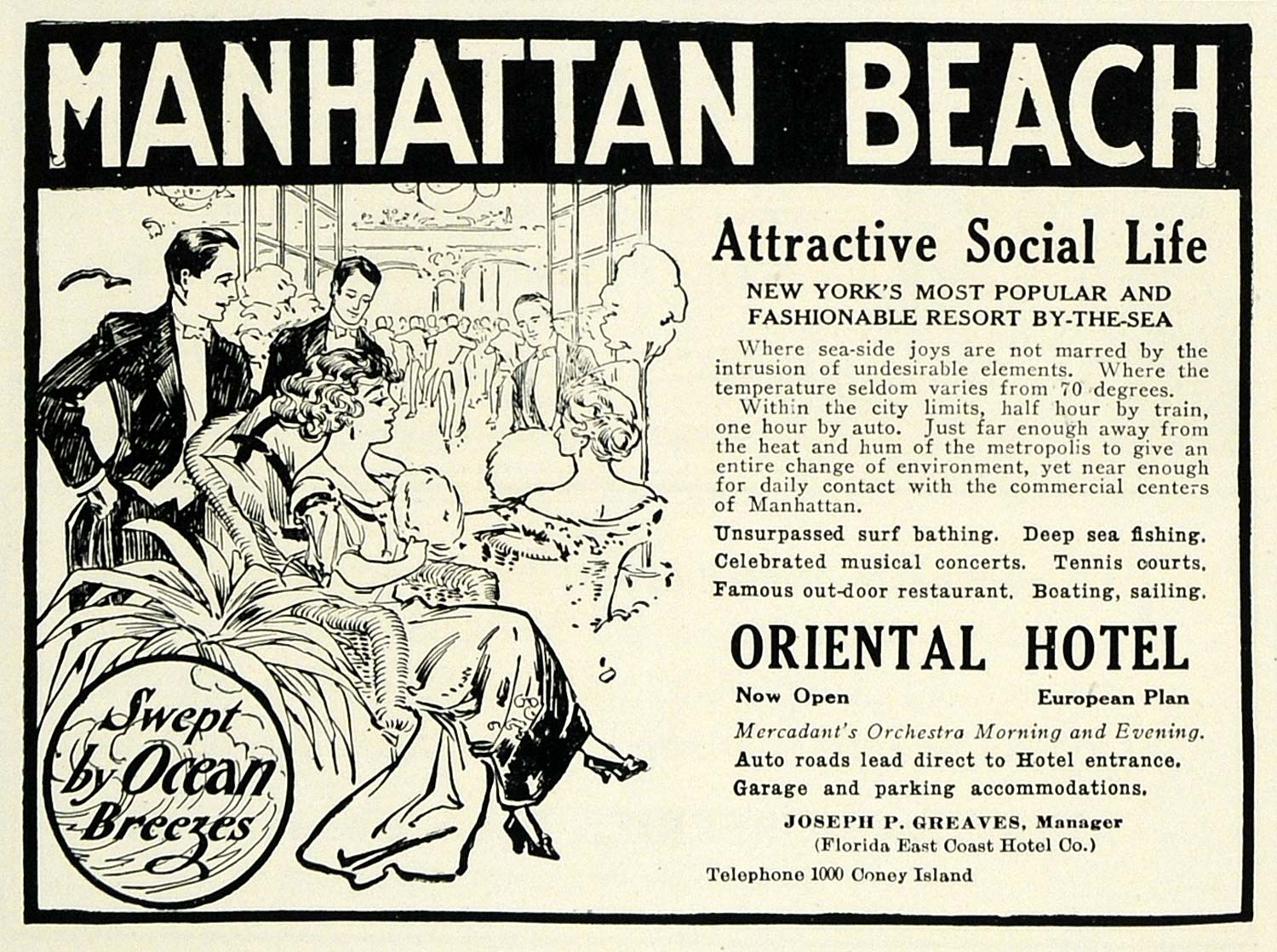 1913 Ad Oriental Hotel Manhattan Beach Joseph P Greaves - ORIGINAL SUB1