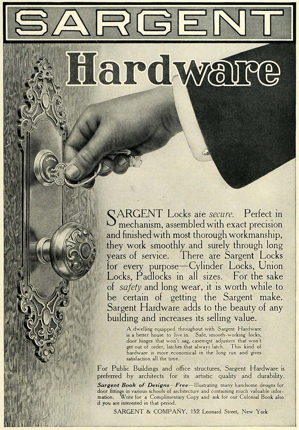 1911 Ad Sargent Hardware Decorative Door Locks New York - ORIGINAL SUB1
