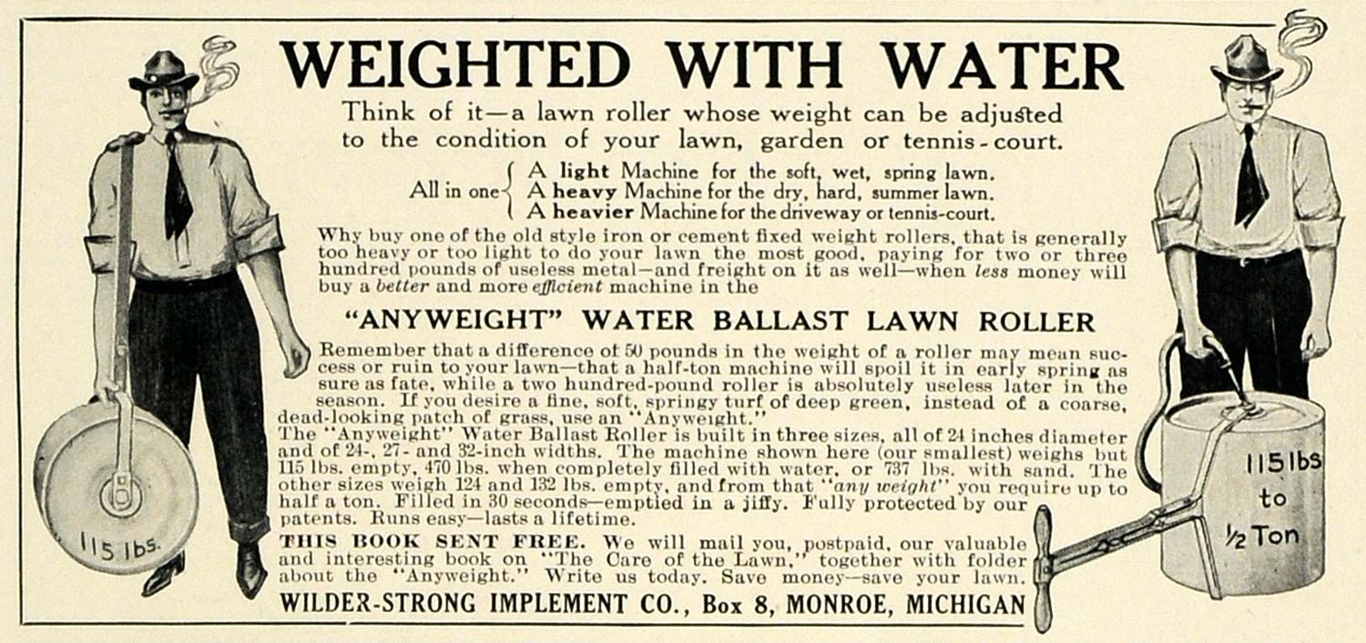1911 Ad Wilder Strong Water Ballast Lawn Roller Mich. - ORIGINAL SUB1
