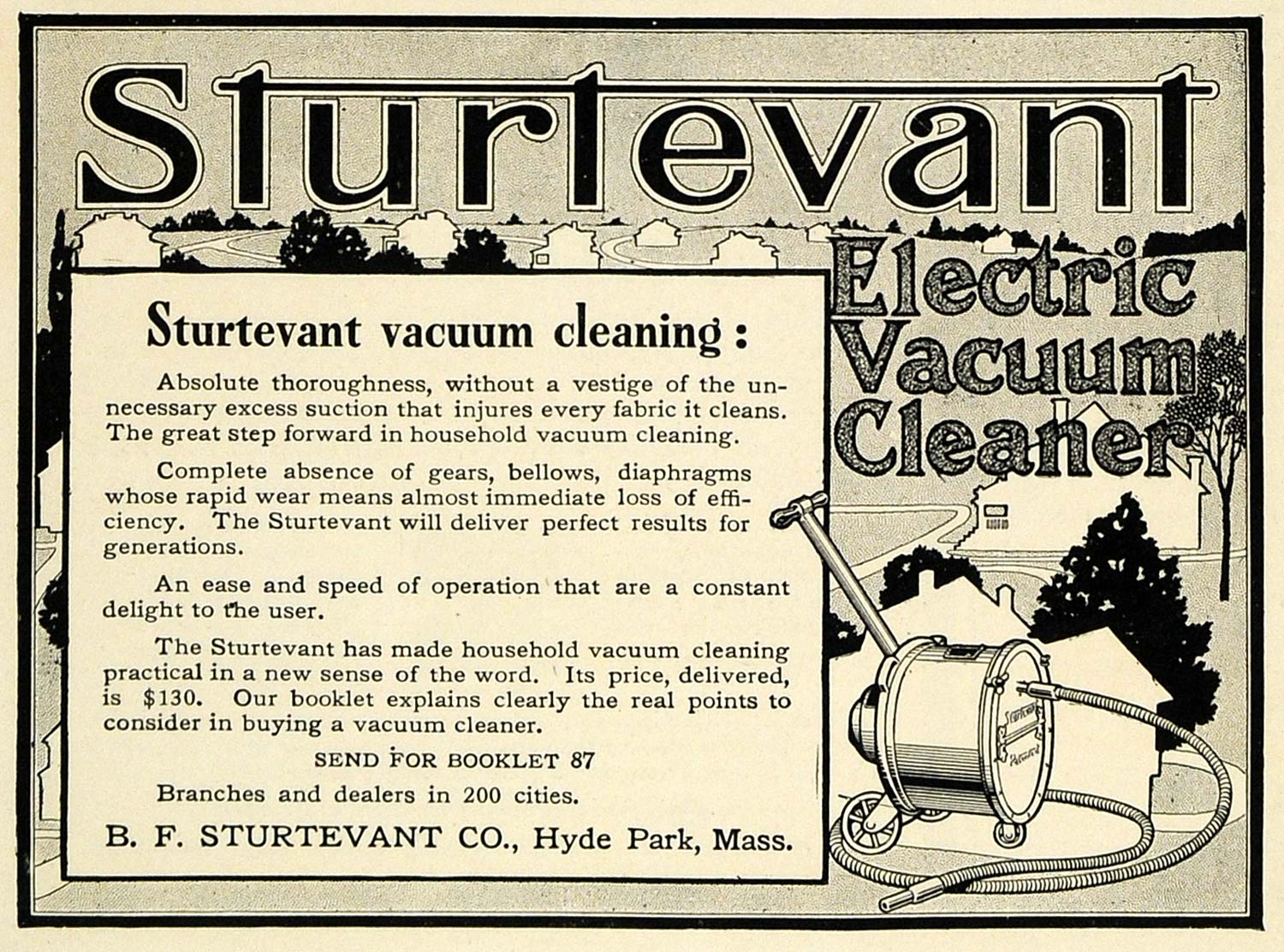 1911 Ad Sturtevant Electric Vacuum Cleaner Hyde Park - ORIGINAL ADVERTISING SUB1