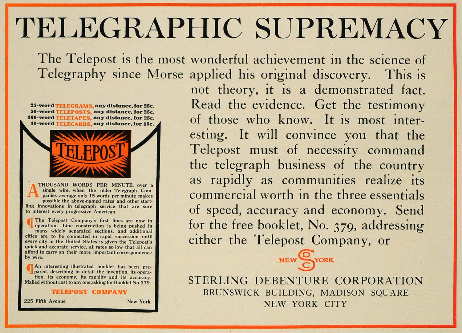 1909 Ad Sterling Debenture Telegraph Telepost Morse - ORIGINAL ADVERTISING SUB1