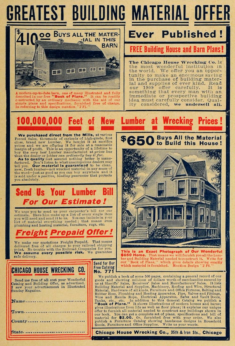 1909 Ad Chicago House Wrecking Lumber House Floor Plans - ORIGINAL SUN1