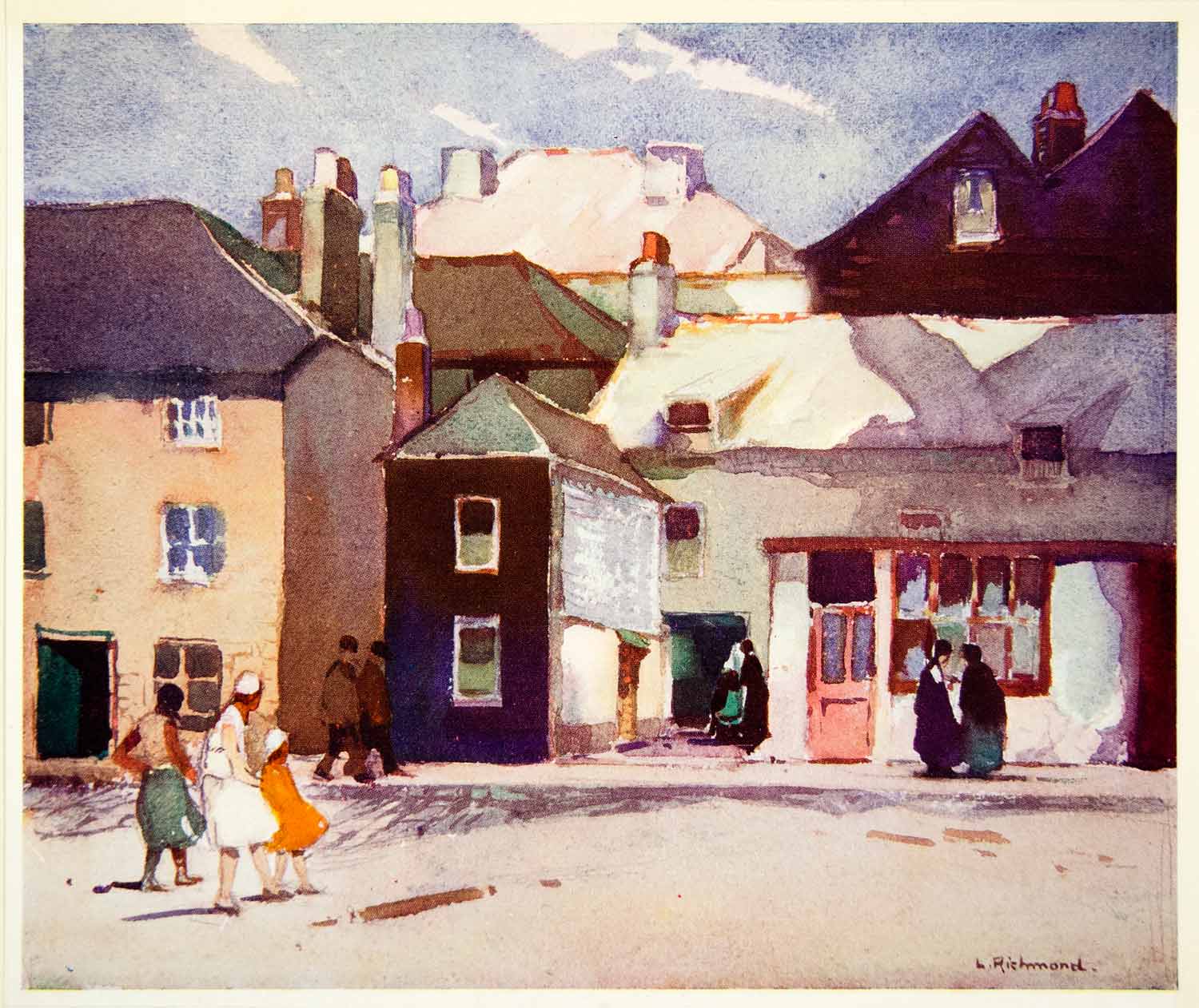 1933 Print Wharf St Ives Cornwall England Cityscape Street Scene Leonard