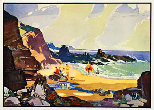 1933 Print Beach Scene Landscape Ocean Rocky Cornwall England Leonard SWC1