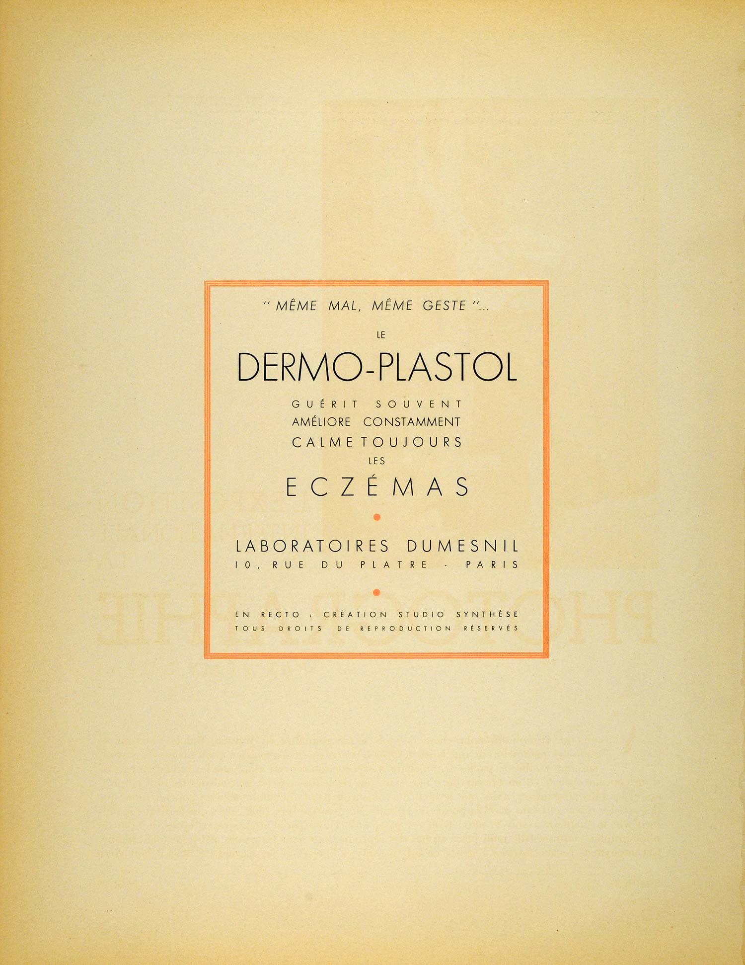 1936 French Ad Dermo-Plastol Pruritus Treatment Scratching Monkey Mirror SYN1