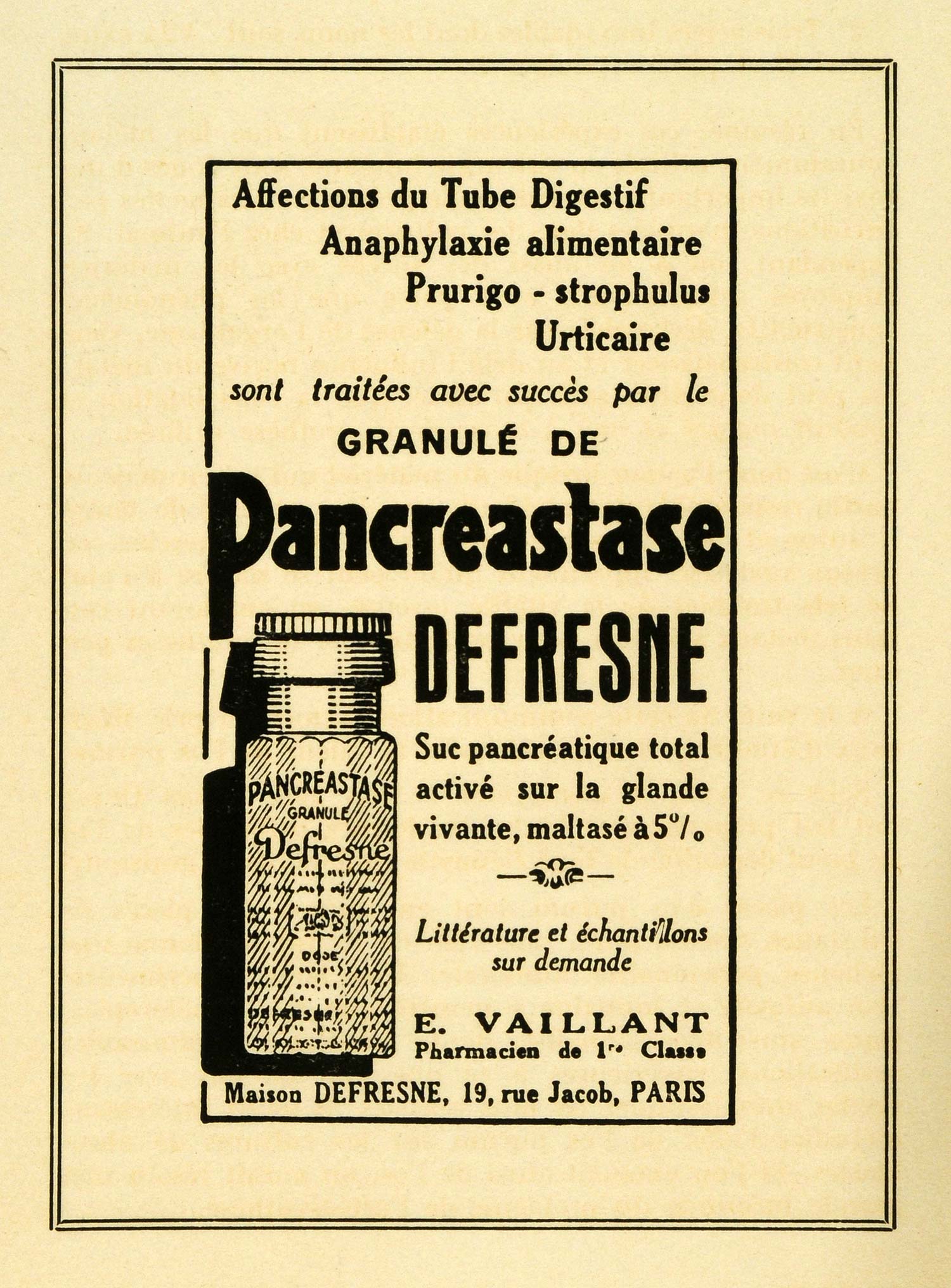 1936 French Ad Pancreastase Defresne Drug Pancreas Medicine Pharmacological SYN1