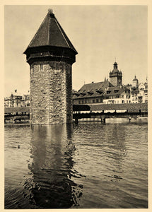 1938 Lucerne Switzerland Wasserturm Water Tower - ORIGINAL PHOTOGRAVURE SZ1 - Period Paper
