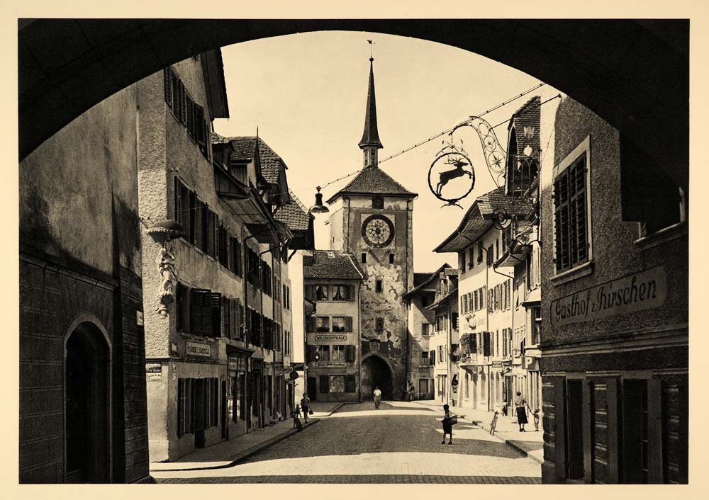 1938 Mellingen Switzerland Lenzburgertor Hauptgasse - ORIGINAL PHOTOGRAVURE SZ1