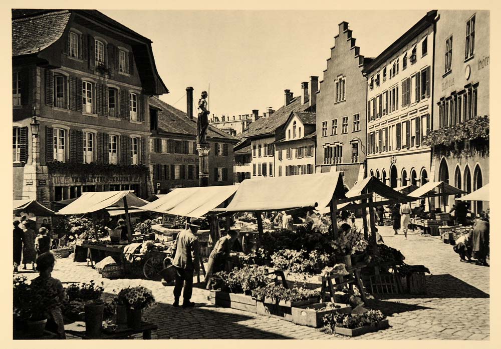 1938 Beil Bienne Switzerland Marktplatz Market Place - ORIGINAL PHOTOGRAVURE SZ1