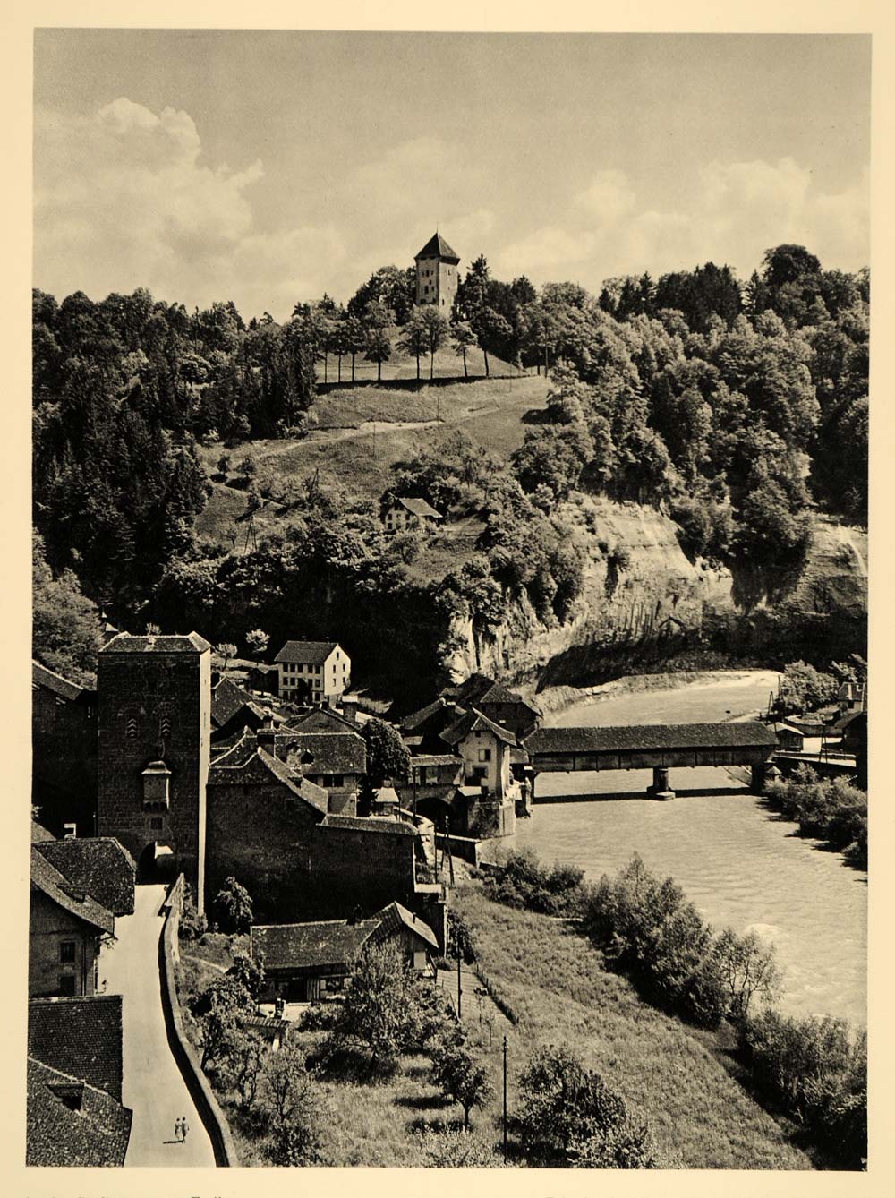 1938 Fribourg Freiburg Switzerland City Wall Sarine - ORIGINAL PHOTOGRAVURE SZ1