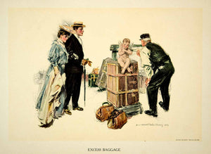 1906 Color Print Excess Baggage Dress Trunk Cherub Howard Christy Travel TAG2