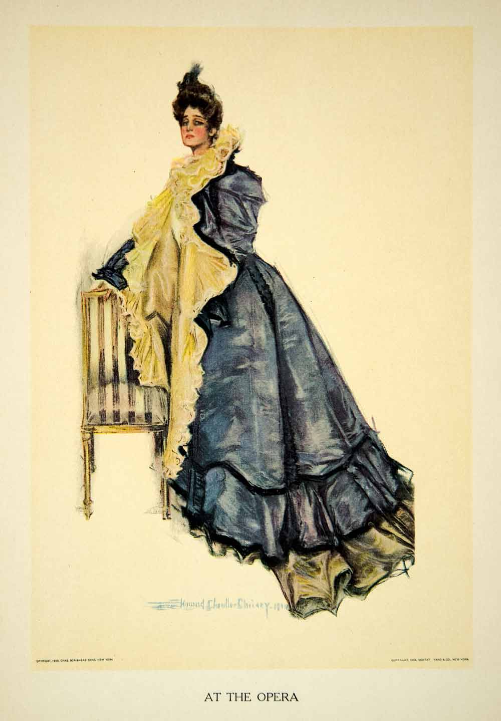 1906 Color Print Opera Ball Gown Evening Wear Howard Christy Girl Cloak TAG2