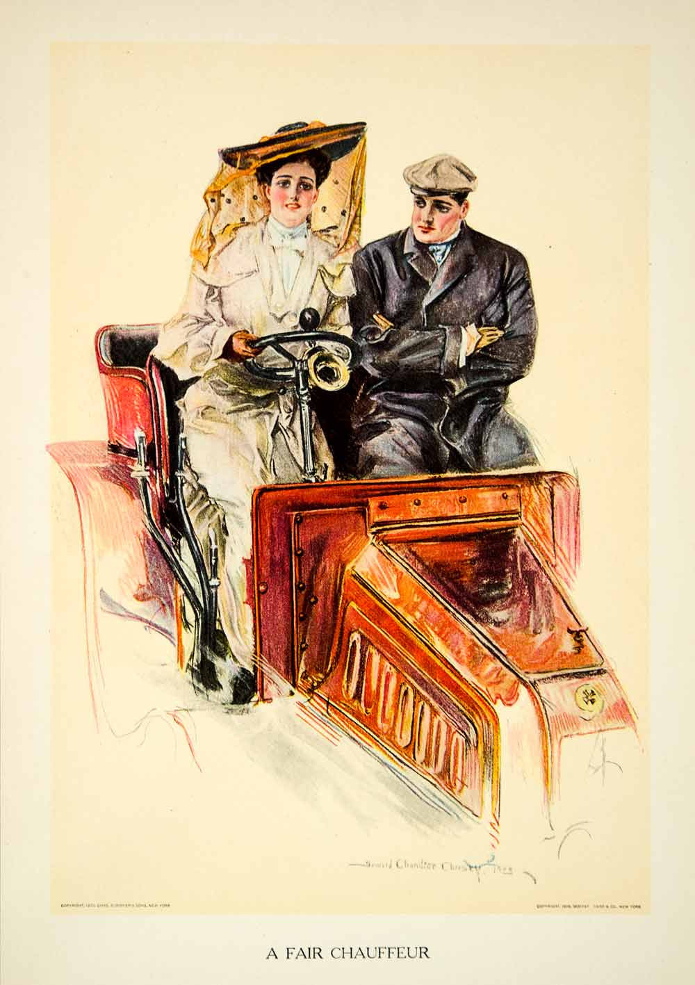 1906 Color Print Howard Christy Fair Chauffeur Automobile Car Drive Couple TAG2 - Period Paper
