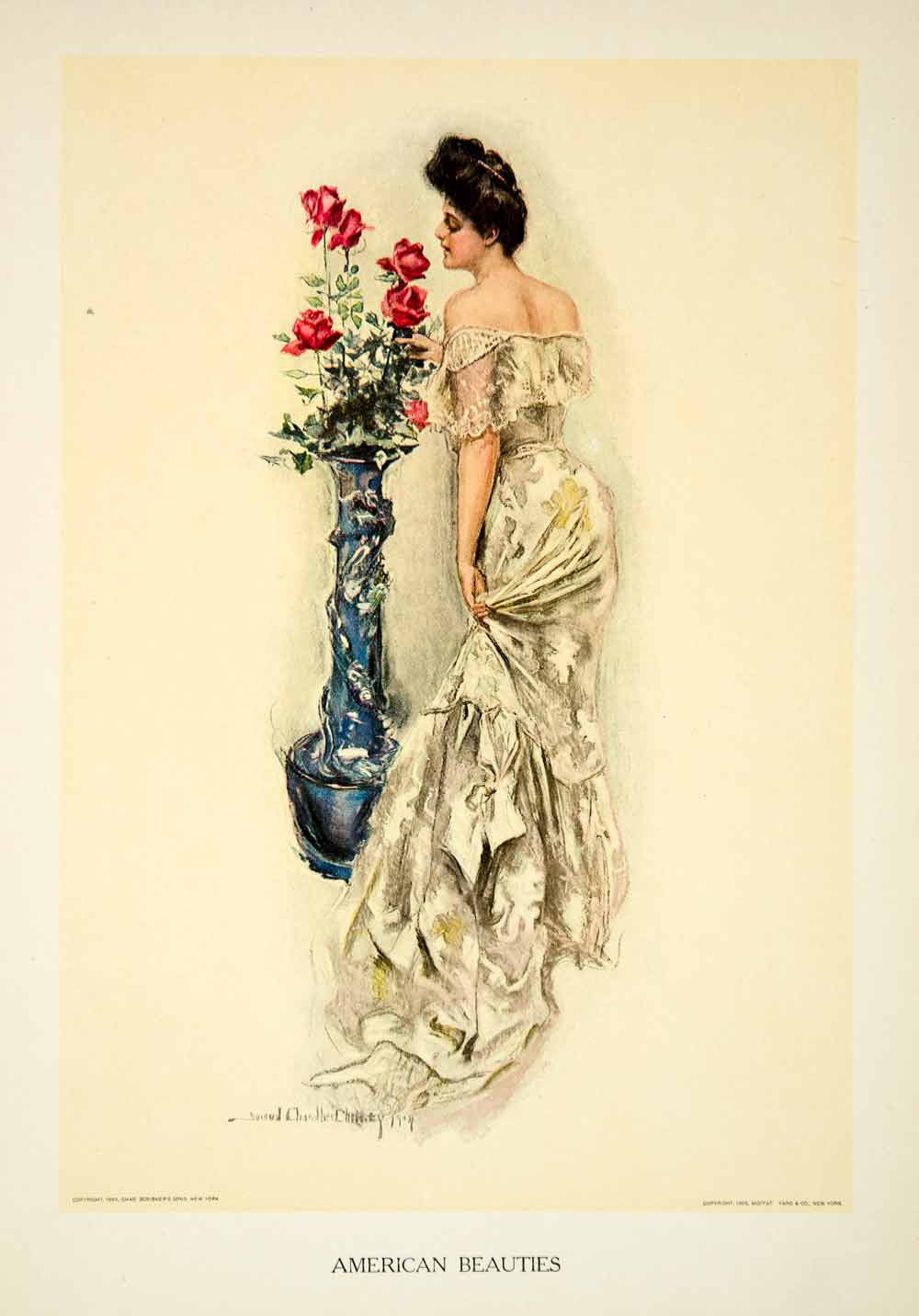 1906 Color Print Howard Christy American Beauties Gown Dress Roses Vase TAG2 - Period Paper
