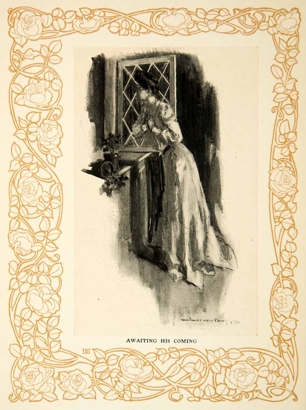 1906 Print Awaiting Coming Howard Chandler Christy Girl Window Art Nouveau TAG2