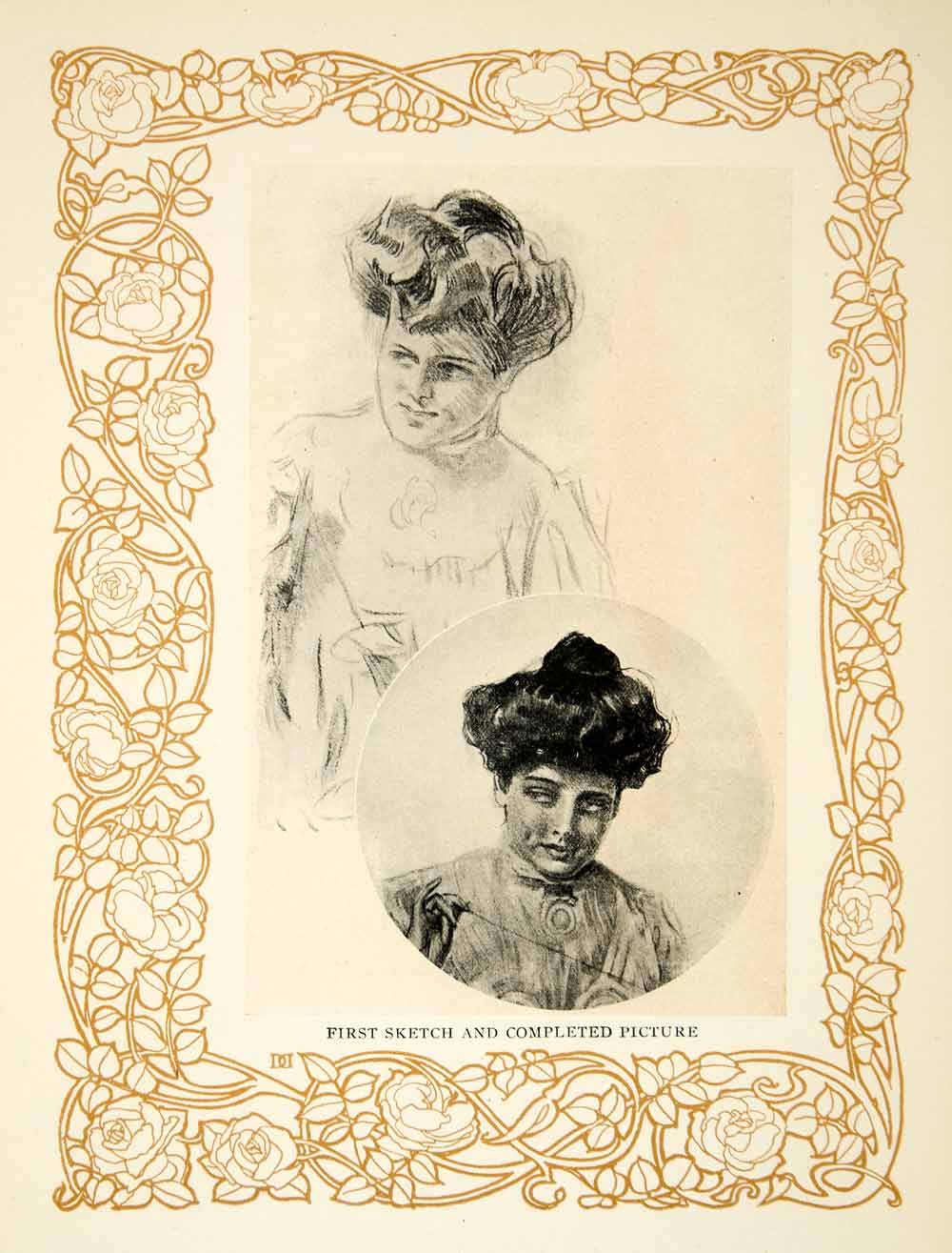1906 Print Howard Chandler Christy Art Nouveau Border Roses Girl Sketch TAG2