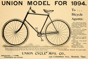 1894 Ad Union Cycle Boston Biking Bike Model Hobbies - ORIGINAL ADVERTISING TBW1