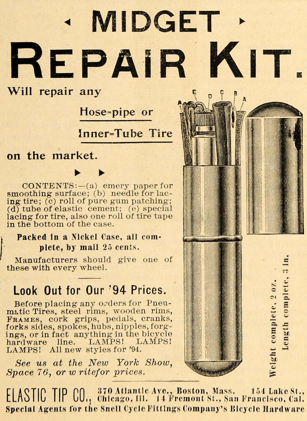 1894 Ad Elastic Tip Midget Repair Kid Lamps Tire Tube - ORIGINAL TBW1