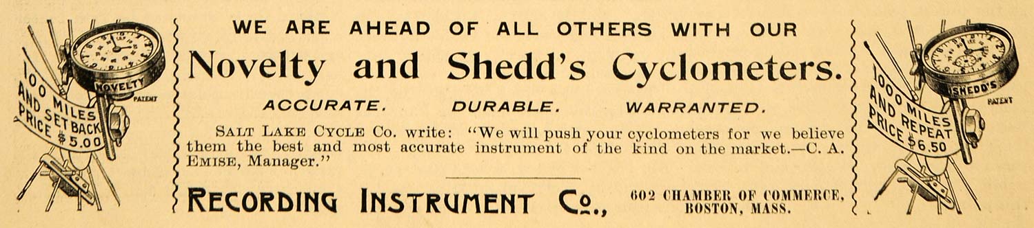 1894 Ad Recording Instrument Cyclometer Shedd Bike Part - ORIGINAL TBW1