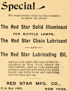 1894 Ad Red Star Illuminant Lubricant Oil Bicycle Bike - ORIGINAL TBW1
