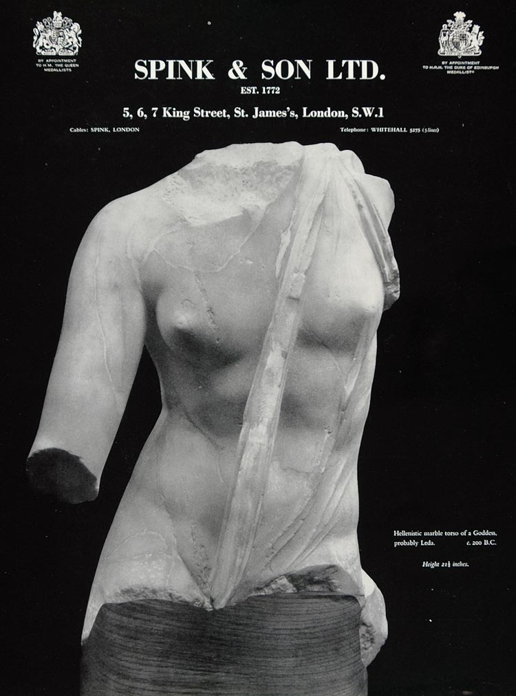 1958 Ad Spink Greek Marble Torso Goddess Nude Statue - ORIGINAL ADVERTISING TC1