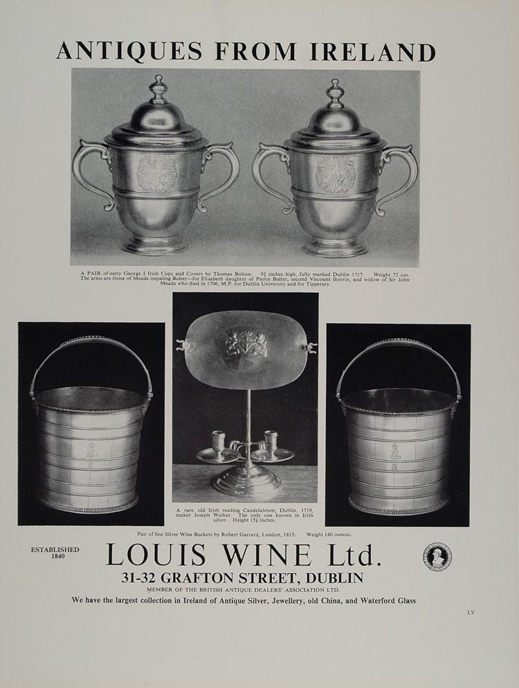 1955 Ad Louis Wine Irish Antique Cup Bucket Candelabrum - ORIGINAL TC1