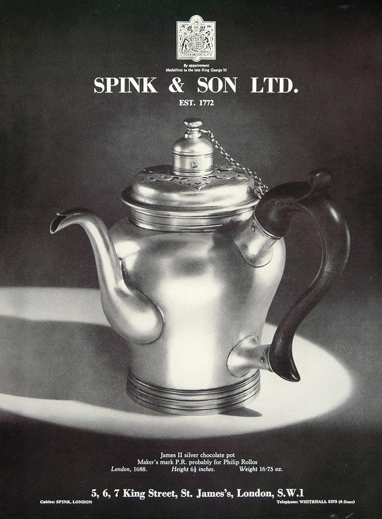 1955 Ad Spink Antique James II Silver Chocolate Pot - ORIGINAL ADVERTISING TC1