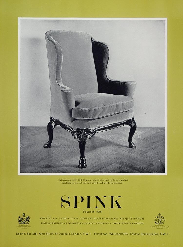 1967 Ad Spink Antique 18th Century Walnut Wing Chair - ORIGINAL ADVERTISING TC1