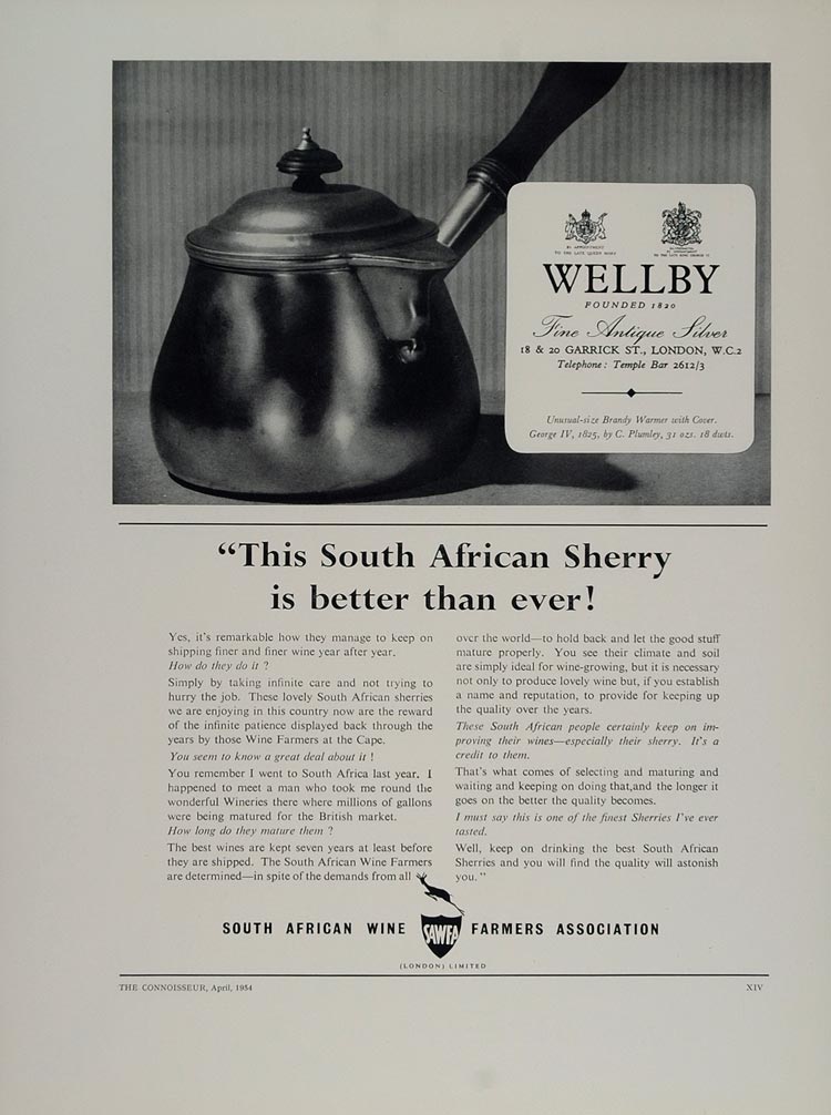 1954 Ad South African Sherry Wine Brandy Warmer Wellby Farmers Association TC1