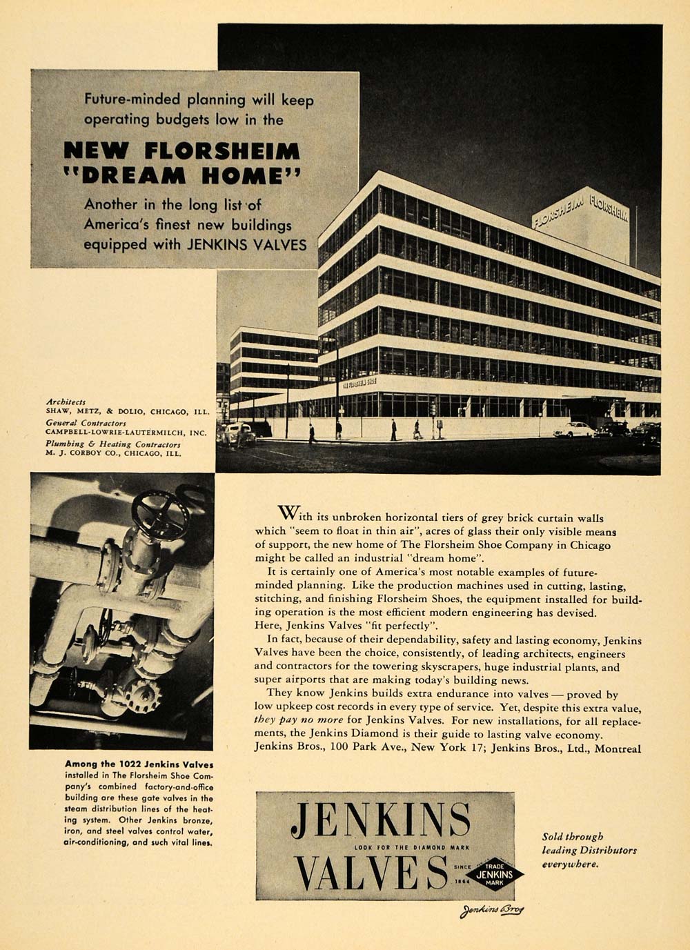 1951 Ad Jenkins Bros Valves Florsheim Shoe Co. Chicago - ORIGINAL TCE1