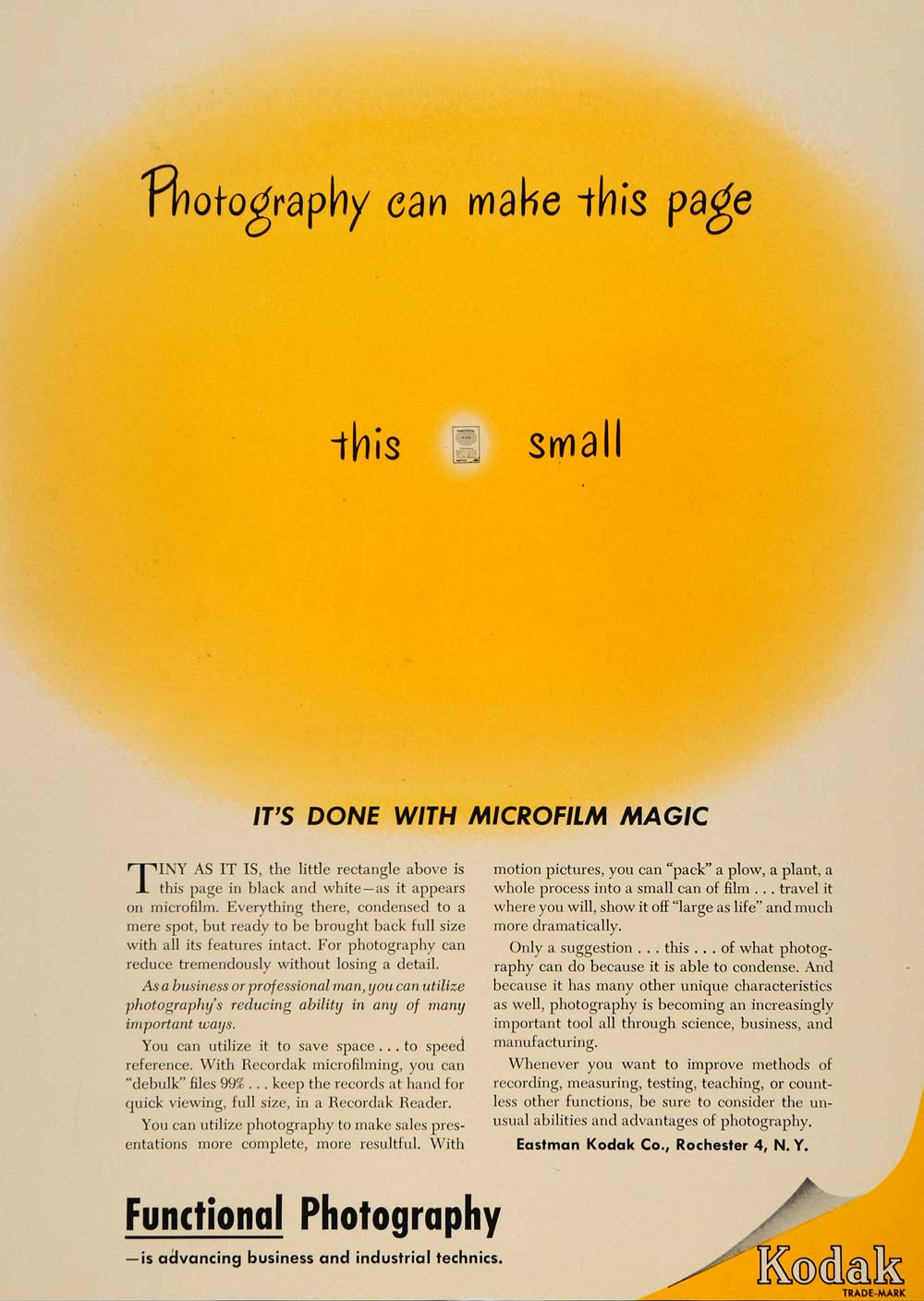 1950 Ad Eastman Kodak Microfilm Magic Photography Film - ORIGINAL TCE1