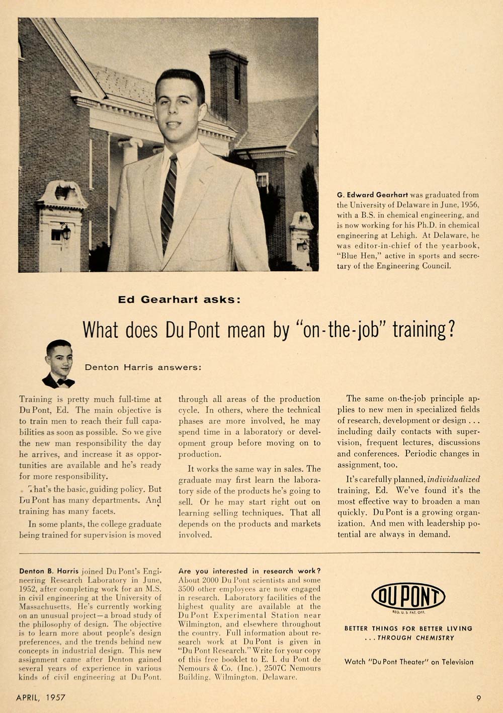 1957 Ad Du Pont Edward Gearhart Denton Harris Chemical - ORIGINAL TCE1
