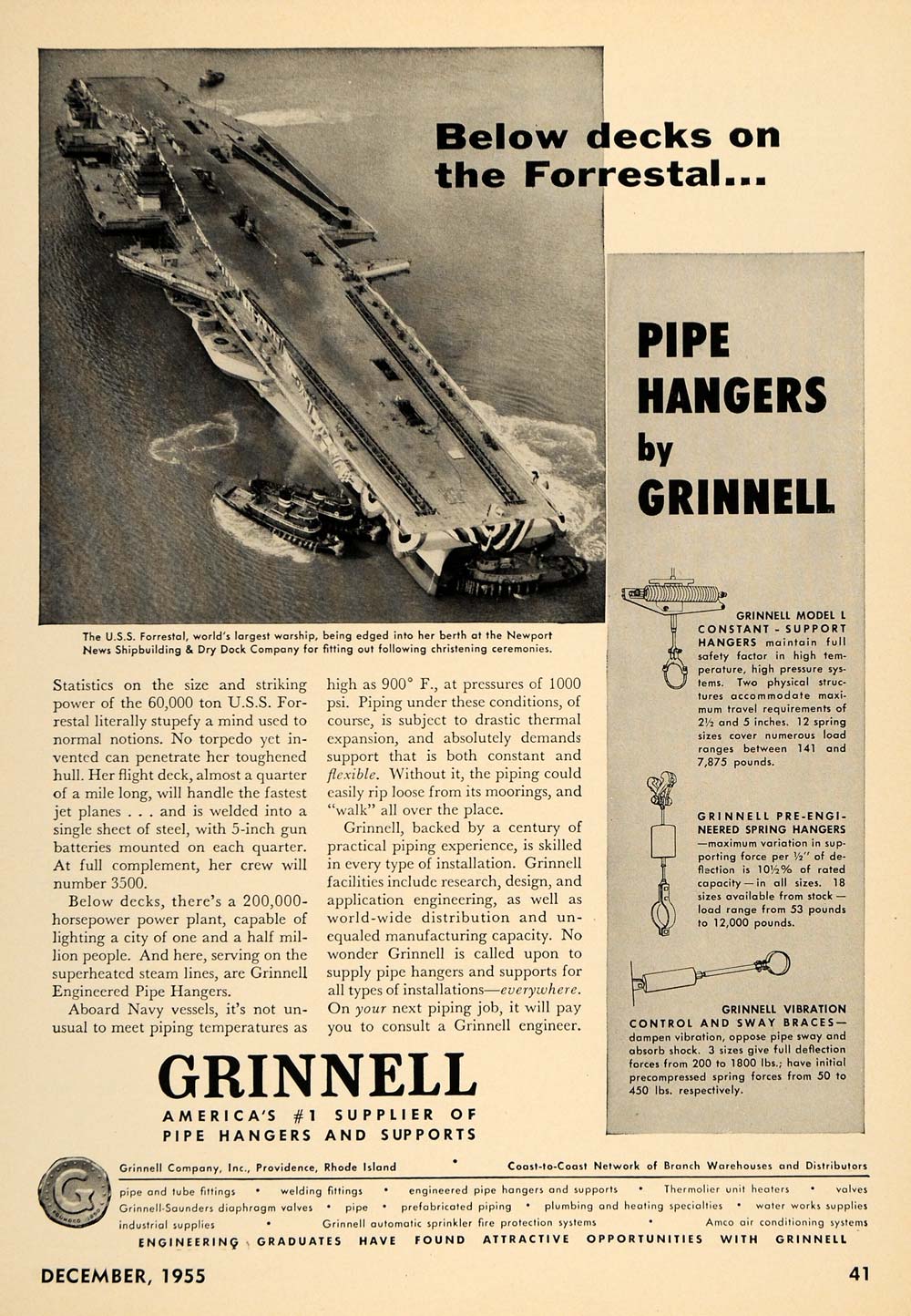 1955 Ad Grinnell Pipe Hanger Forrestal Dock Warship ORIGINAL ADVERTI
