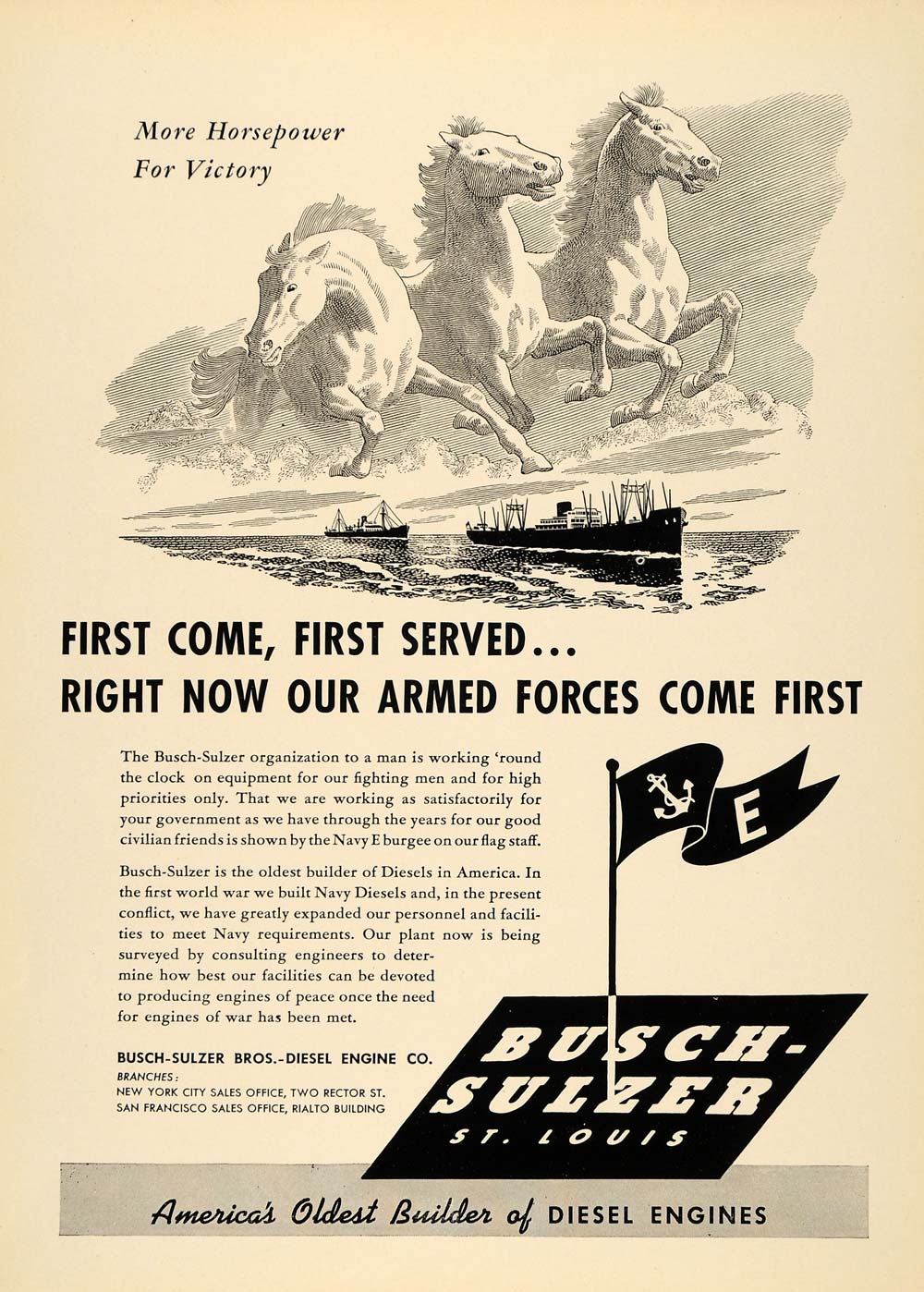 1942 Ad Busch-Sulzer Bros. Diesel Engine Co Ship Horses - ORIGINAL TCE1