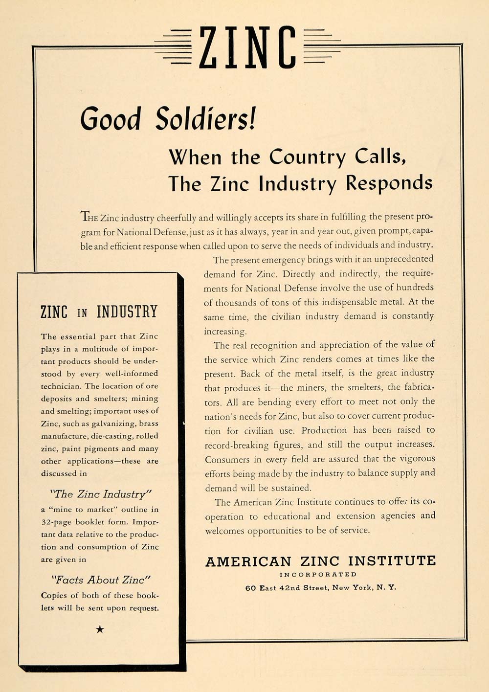 1941 Ad American Zinc Institute Inc Industrial Product - ORIGINAL TCE1