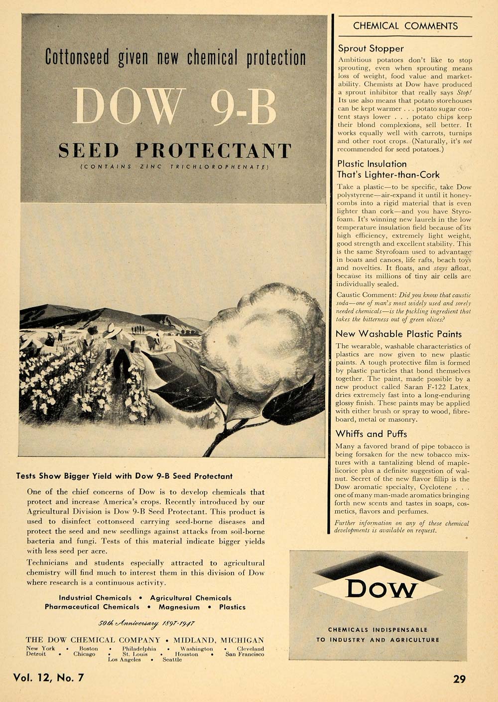 1947 Ad Dow Chemical 9-B Seed Protectant Cotton Field - ORIGINAL TCE1