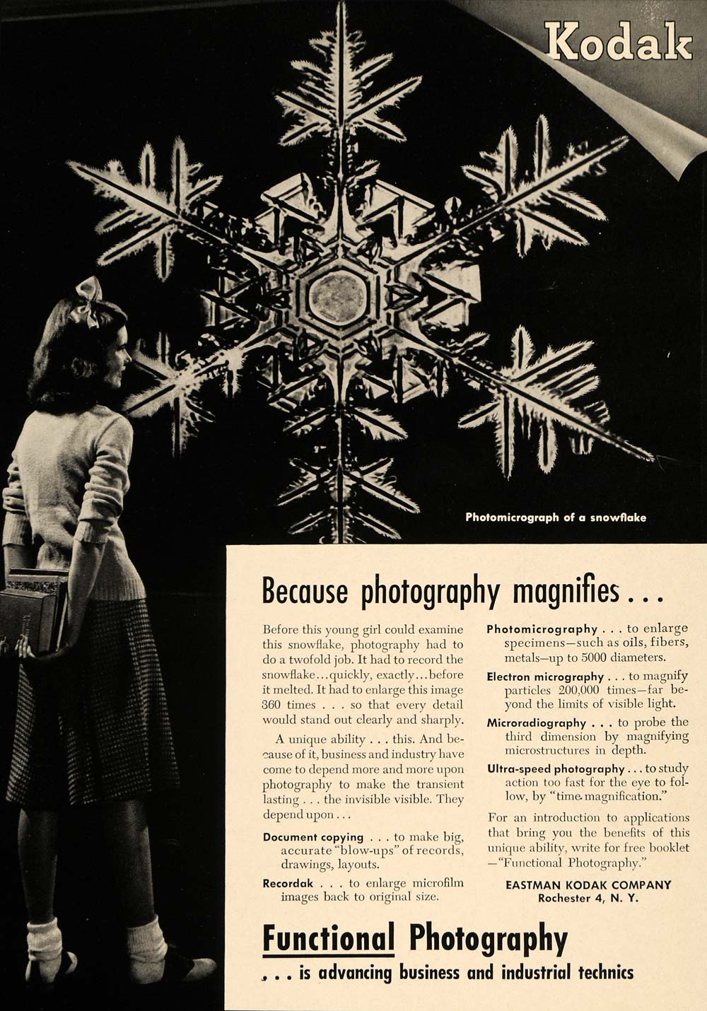 1946 Ad Eastman Kodak Co. Photomicrograph Snowflake - ORIGINAL ADVERTISING TCE1