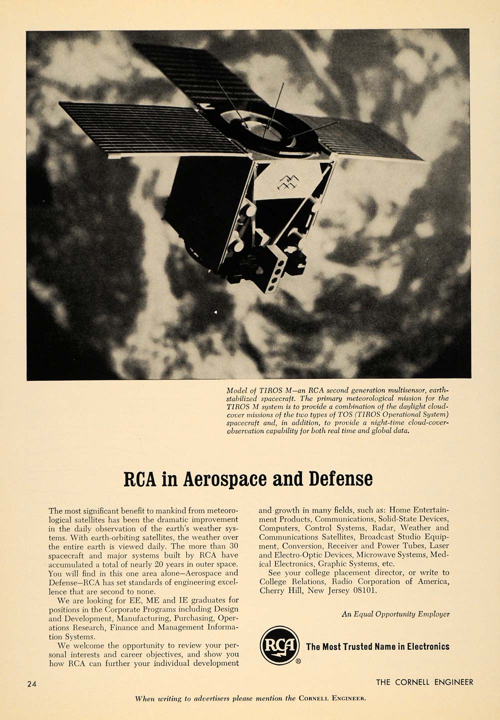 1967 Ad Radio Corp. America RCA TIROS Spacecraft NJ - ORIGINAL ADVERTISING TCE2