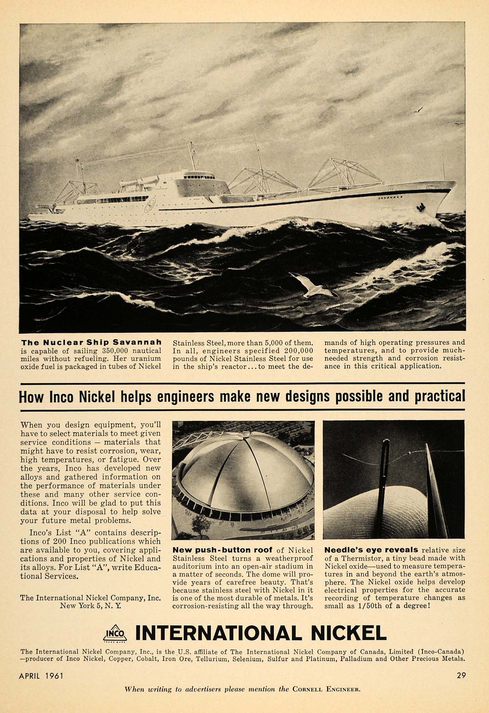 1961 Ad International Nickel Co. Nuclear Ship Savannah - ORIGINAL TCE2