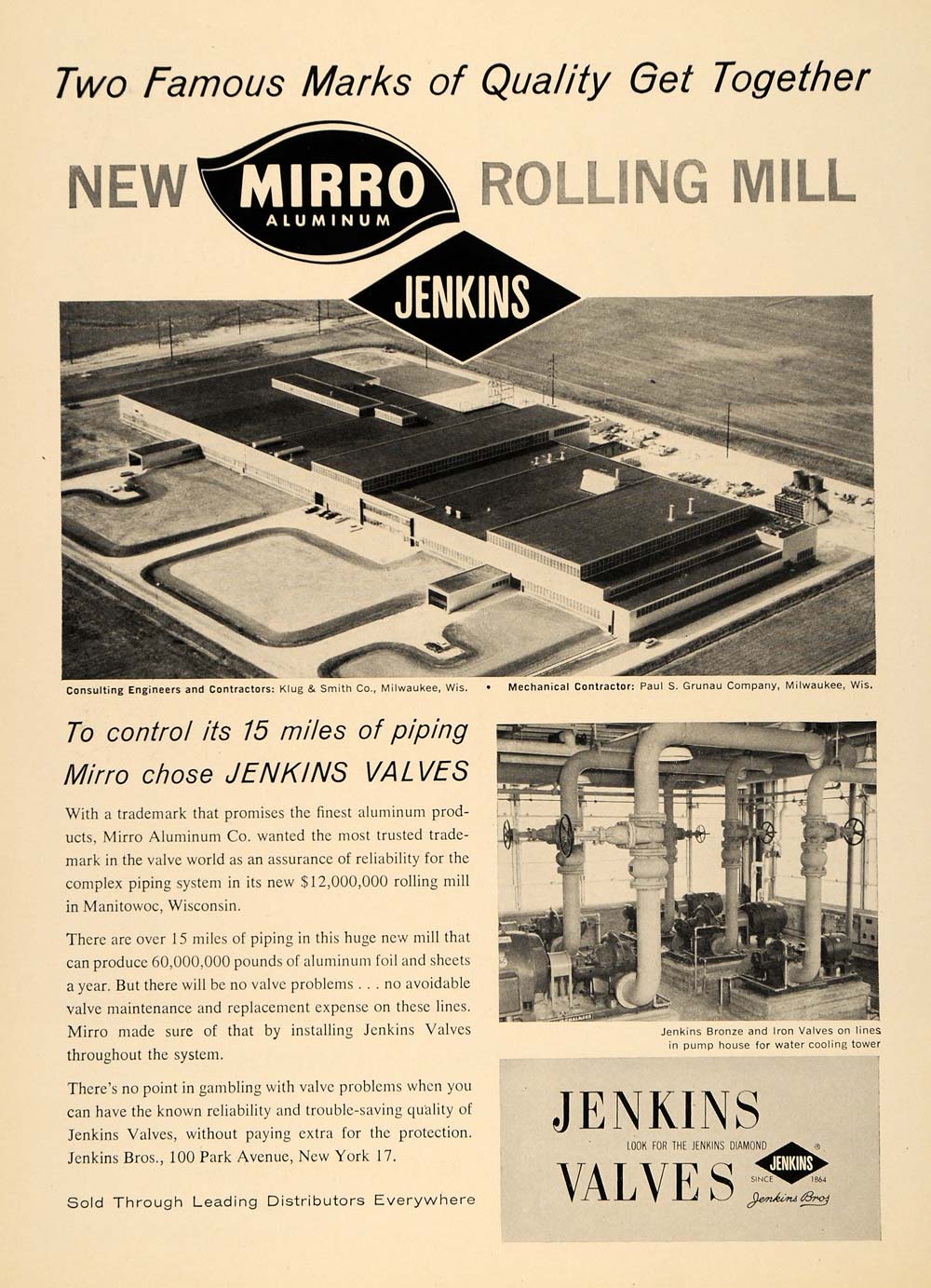 1960 Ad Jenkins Bros Bronze Valves Mirro Aluminum Co WI - ORIGINAL TCE2