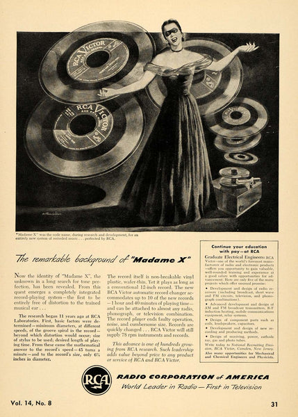 ADVERTISING レコード　original 1949 Ad RCA Victor Records Madame X Vinyl Lady Singing - ORIGINAL