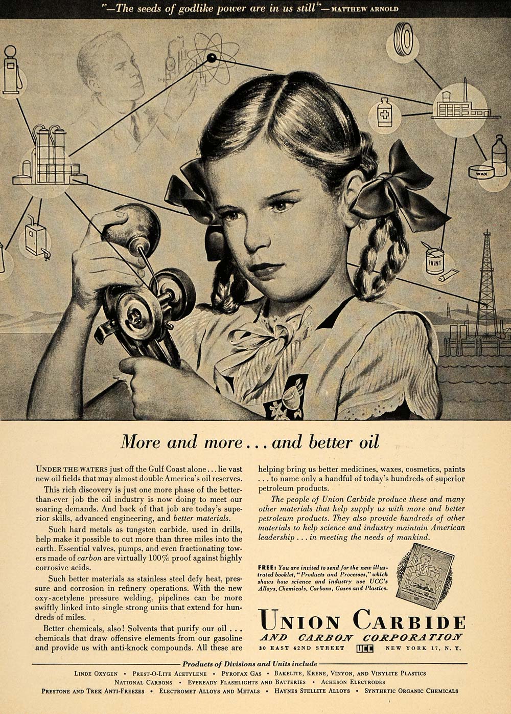 1949 Ad Union Carbide Steel Oil Refining Girl Playing - ORIGINAL TCE2