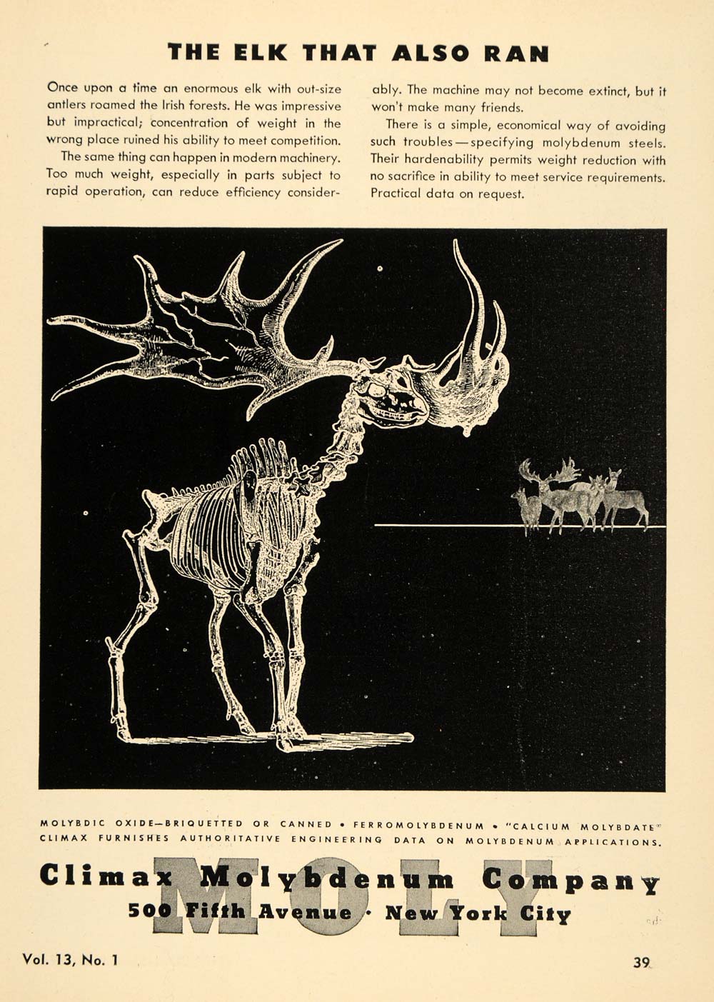 1947 Ad Climax Molybdenum Steel Iron Alloy Elk Skeleton - ORIGINAL TCE2