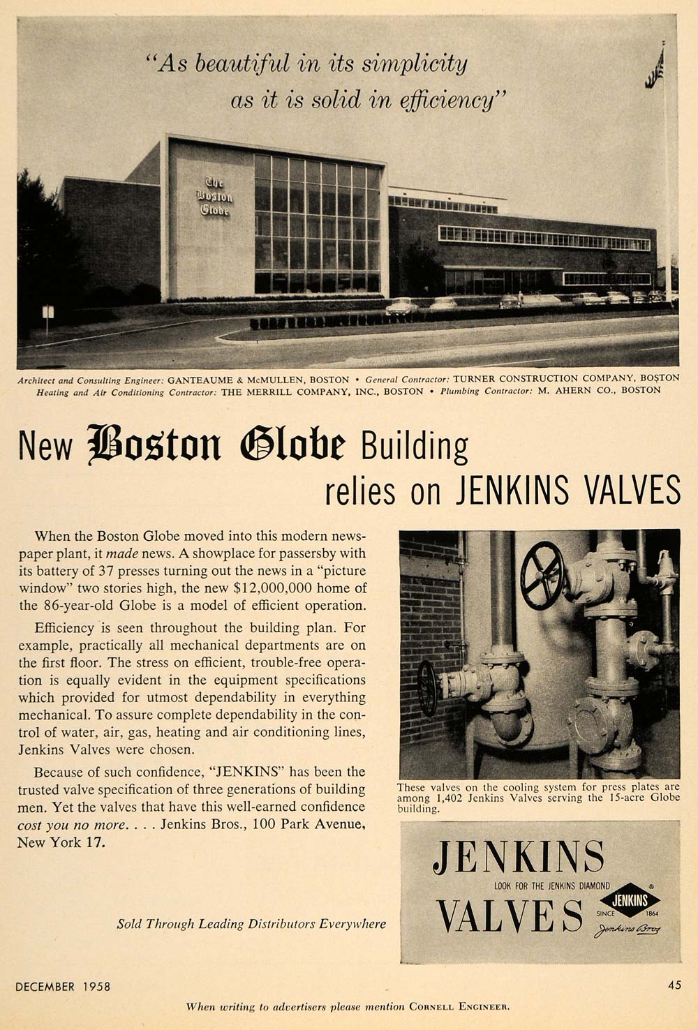 1958 Ad Jenkins Valve Piping Boston Globe Building News - ORIGINAL TCE2