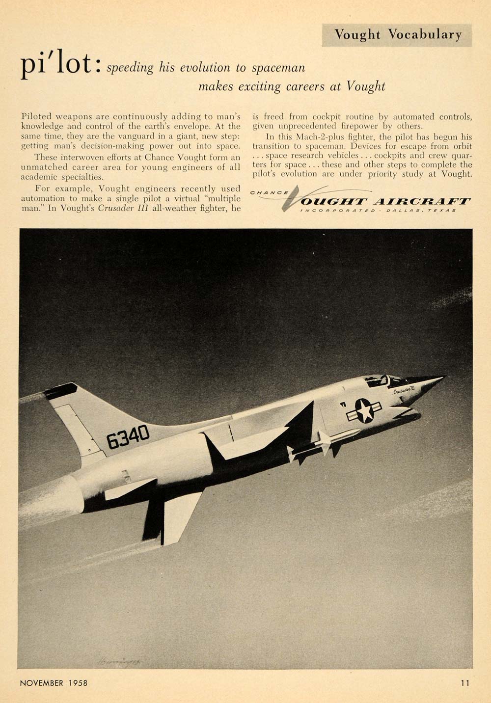 1958 Ad Vought Aricraft Crusader III Fighter Plane Jobs - ORIGINAL TCE2