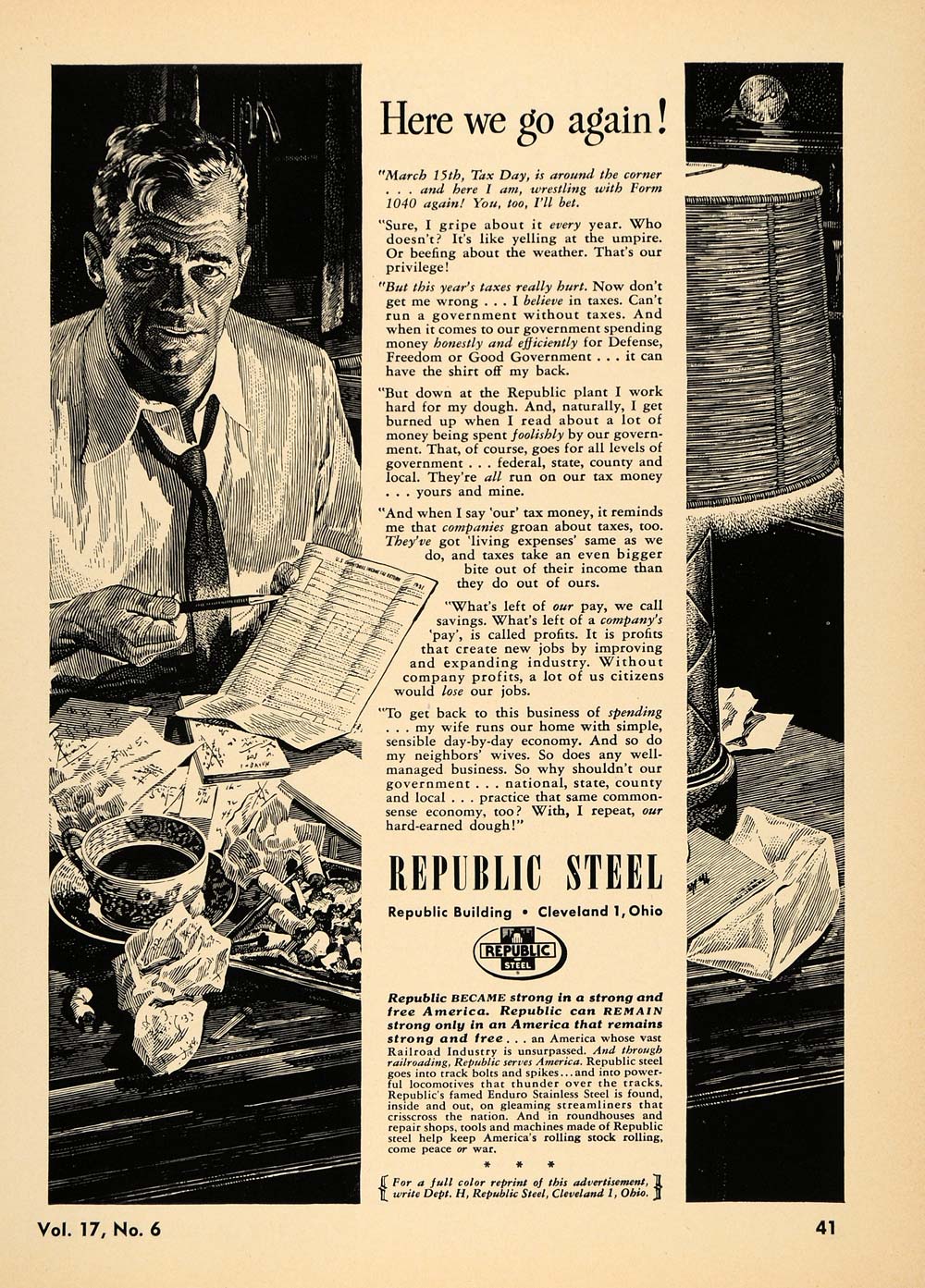 1952 Ad Republic Steel Cleveland Tax Day Paperwork Man - ORIGINAL TCE2