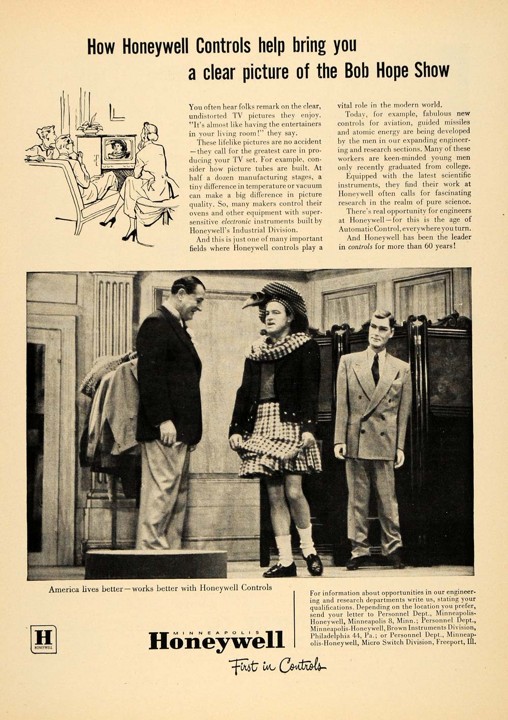 1952 Ad Honeywell Controls TV Reception Bob Hope Show - ORIGINAL TCE2
