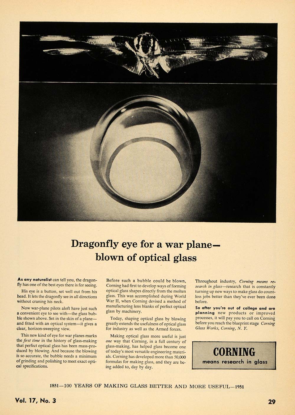 1951 Ad Corning Glass Works World War II Dragonfly - ORIGINAL ADVERTISING TCE2