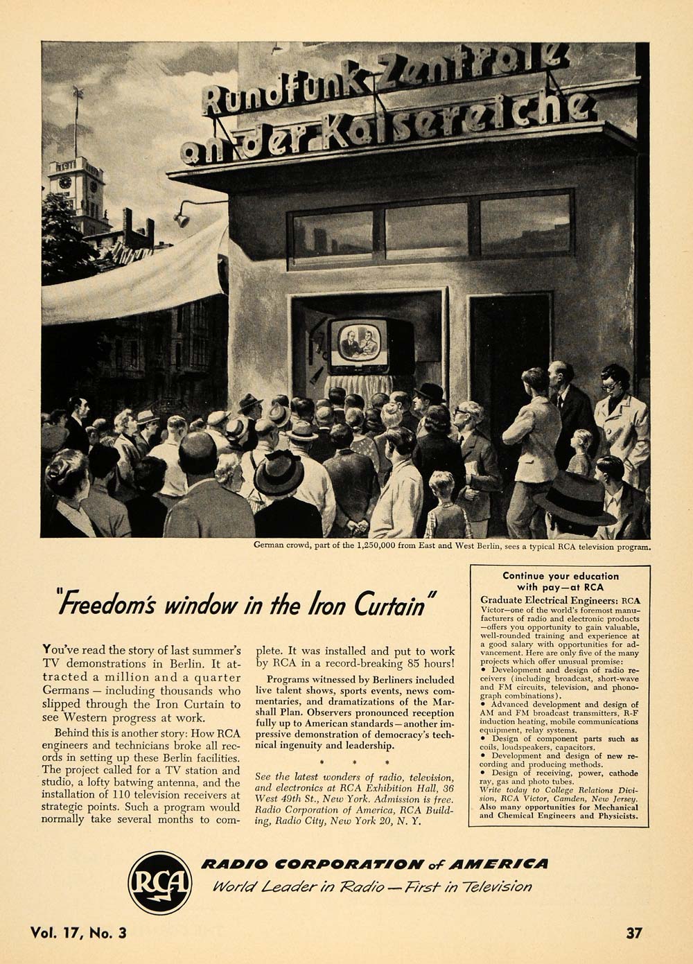 1951 Ad Radio Corporation America Television Germany - ORIGINAL ADVERTISING TCE2