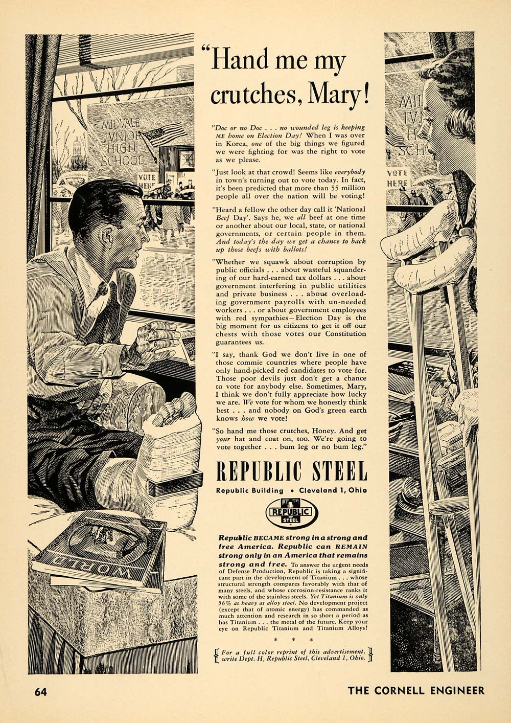 1952 Ad Republic Steel Cruches Doctor Election Freedom - ORIGINAL TCE2